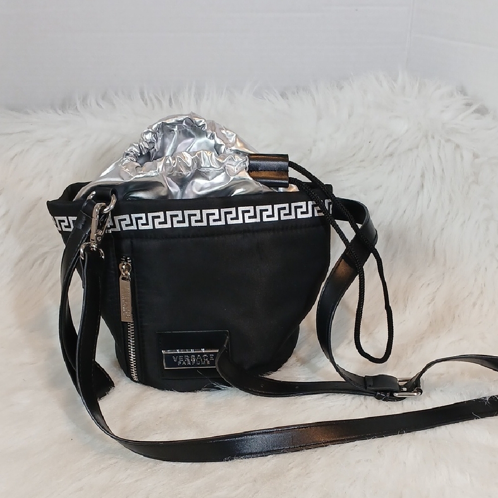 Versace Black/Silver Parfums Mini Bucket Crossbody Bag NWOT